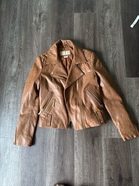 Michael Kors Cognac genuine Leather Moto Jacket with Gold Hardware